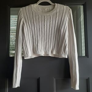 White Cropped Cable Knit Sweater Short Fall Cream Long Sleeve Neutral Minimalist